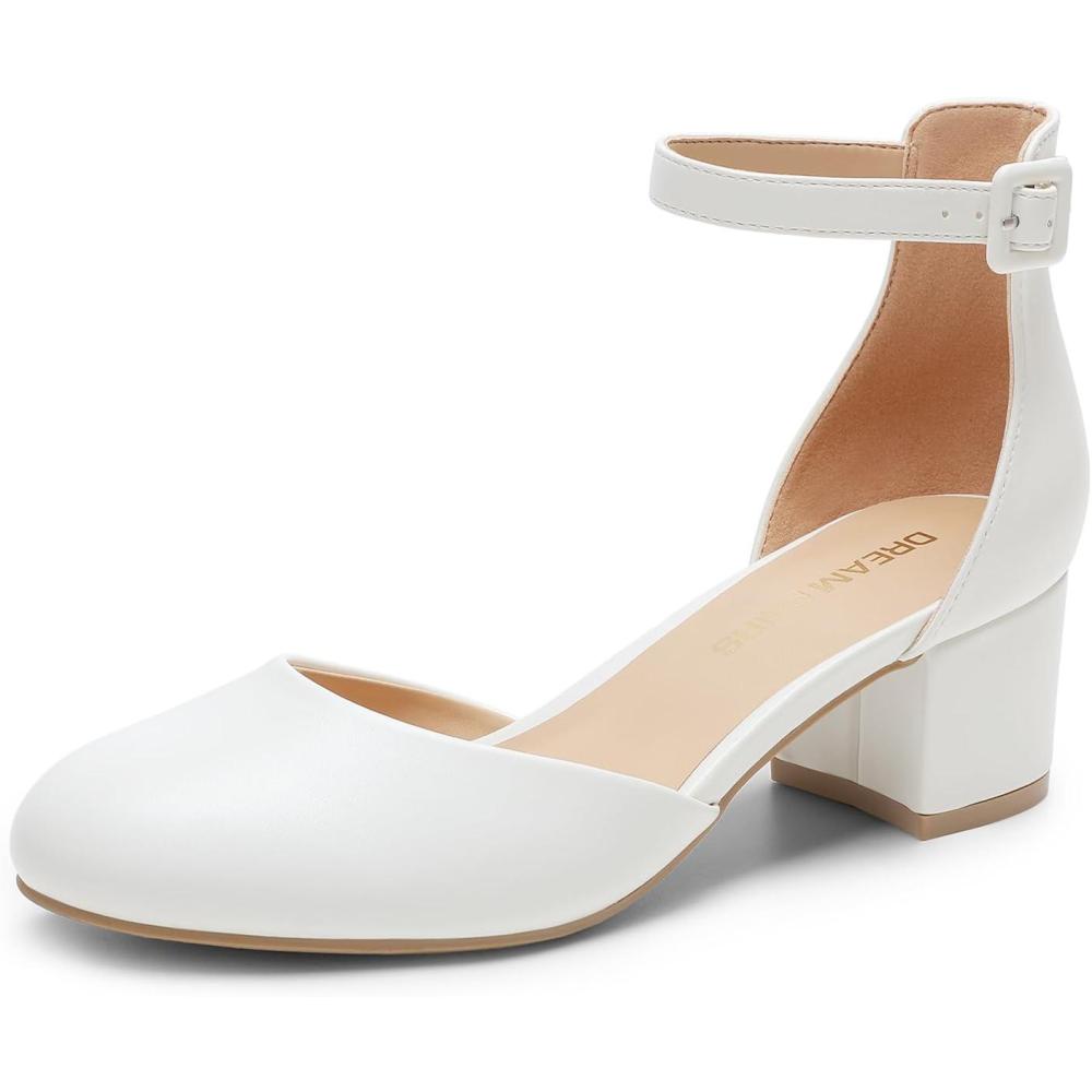 imageDREAM PAIRS Womens Closed Round Toe Low Block Heels Ankle Strap Chunky Heel Pumps Dress Wedding Office Party ShoesWhite