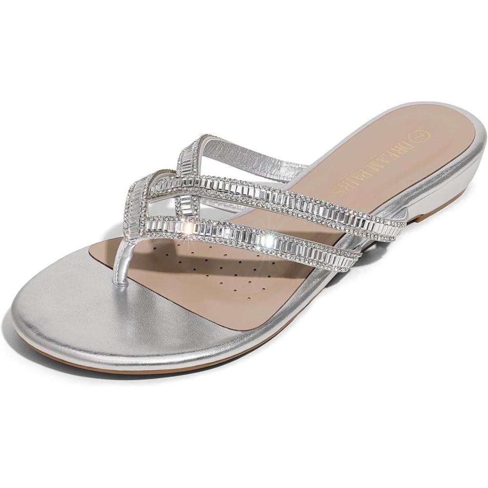 imageDREAM PAIRS Womens Fashion Rhinestones Design Slides Sandals Dress Daily Flat Sandals for SummerSilver