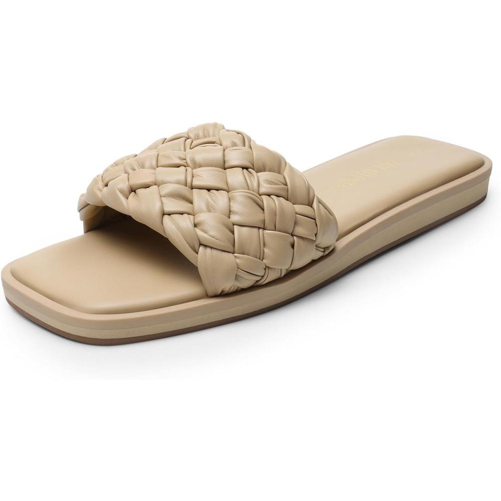 imageDREAM PAIRS Womens Square Open Toe Slide Sandals Cute Slip on Braided Slides Flat Sandals for SummerLight Nude