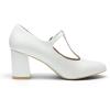 DREAM PAIRS Low Chunky Heels for Women T-Strap Mary Jane Pumps Wedding Dress Shoes(White/Pu)
