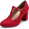 DREAM PAIRS Low Chunky Heels for Women T-Strap Mary Jane Pumps Wedding Dress Shoes(Red)