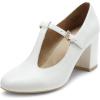 DREAM PAIRS Low Chunky Heels for Women T-Strap Mary Jane Pumps Wedding Dress Shoes(White/Pu)