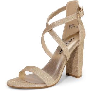 DREAM PAIRS 4 inch High Heels for Women Chunky Block Cross Strap Open Toe Dress Sandals for Wedding Bridal Evening Homecoming Prom(Gold)