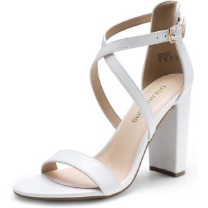 DREAM PAIRS 4 inch High Heels for Women Chunky Block Cross Strap Open Toe Dress Sandals for Wedding Bridal Evening Homecoming Prom(White)