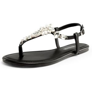DREAM PAIRS Flat Sandals for Women Dressy Rhinestone T-Strap Thong Flat Sandals for Summers Dress Beach(Black)