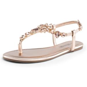 DREAM PAIRS Flat Sandals for Women Dressy Rhinestone T-Strap Thong Flat Sandals for Summers Dress Beach(Champagne/Gold)