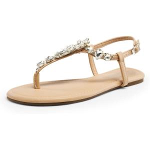 DREAM PAIRS Flat Sandals for Women Dressy Rhinestone T-Strap Thong Flat Sandals for Summers Dress Beach(Nude)