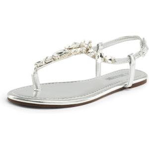 DREAM PAIRS Flat Sandals for Women Dressy Rhinestone T-Strap Thong Flat Sandals for Summers Dress Beach(Silver)