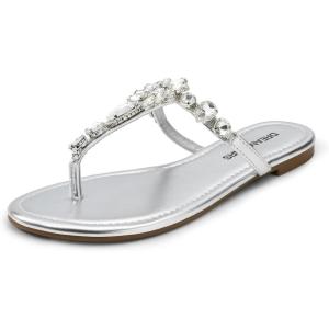 DREAM PAIRS Flip Flops for Women Dressy Rhinestone T-Strap Thong Sandals for Summers Dress Beach(Silver)