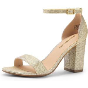 DREAM PAIRS Heels for Women Chunky Block Heel Open Toe Ankle Strap 3.5 Inch Heeled Sandals for Party Date Wedding(Gold)