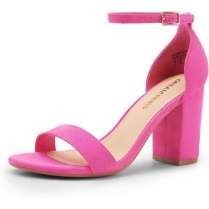 DREAM PAIRS Heels for Women Chunky Block Heel Open Toe Ankle Strap 3.5 Inch Heeled Sandals for Party Date Wedding(Hot Pink)