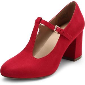 DREAM PAIRS Low Chunky Heels for Women T-Strap Mary Jane Pumps Wedding Dress Shoes(Red)