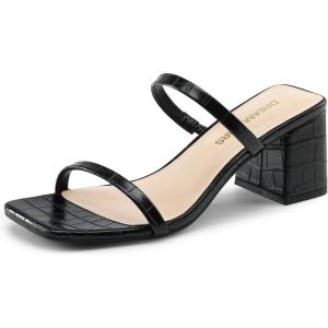 DREAM PAIRS Sandal Heels for Women Low Square Open Toe Block Chunky Heels Slip On Slides Mules for Party Homecoming Daily(Black-stone Pu)