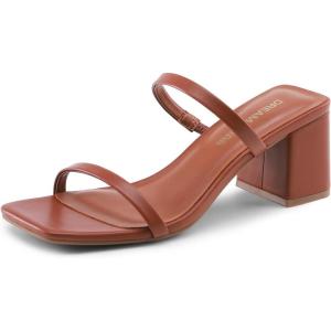DREAM PAIRS Sandal Heels for Women Low Square Open Toe Block Chunky Heels Slip On Slides Mules for Party Homecoming Daily(Brown)