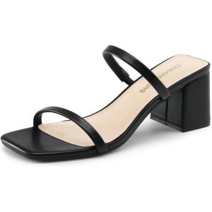 DREAM PAIRS Sandal Heels for Women Low Square Open Toe Block Chunky Heels Slip On Slides Mules for Party Homecoming Daily(Dark Black)