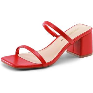 DREAM PAIRS Sandal Heels for Women Low Square Open Toe Block Chunky Heels Slip On Slides Mules for Party Homecoming Daily(Red)