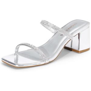 DREAM PAIRS Sandal Heels for Women Low Square Open Toe Block Chunky Heels Slip On Slides Mules for Party Homecoming Daily(Shiny Silver)