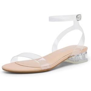 DREAM PAIRS Women Black White Nude Clear Sandals Low Heel Dressy Sandals Ankle Strap Open Toe Chunky Block Heeled Summer Classic Comfortable Flat Shoes(Clear)