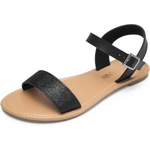 DREAM PAIRS Women’s Ankle Strap Flat Sandals Open Toes One Band Buckle Summer Dressy Sandals(Black/Glitter)