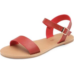 DREAM PAIRS Women’s Ankle Strap Flat Sandals Open Toes One Band Buckle Summer Dressy Sandals(Red)