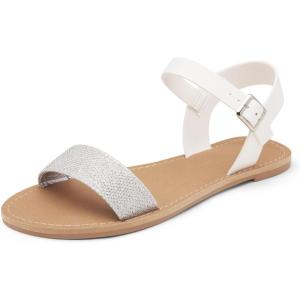 DREAM PAIRS Women’s Ankle Strap Flat Sandals Open Toes One Band Buckle Summer Dressy Sandals(Silver/White/Glitter)