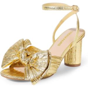 DREAM PAIRS Women’s Bow Knot Heeled Sandals Low Chunky Heels Open Toe Ankle Strap Slingback Dress Shoes for Wedding Bridal Party(Gold)