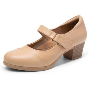DREAM PAIRS Women’s Chunky Low Block Closed Toe Heels Mary Janes Pumps Comfortable Round Toe Dress Work Wedding Shoes(Nude-pu)
