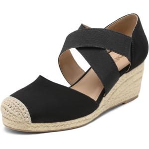 DREAM PAIRS Womens Close Toe Espadrilles Platform Slip on Elastic Criss Cross Straps Dressy Wedges Sandals(Black Suede)