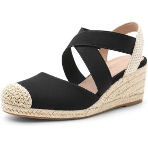 DREAM PAIRS Womens Close Toe Espadrilles Platform Slip on Elastic Criss Cross Straps Dressy Wedges Sandals(Black/Beige)