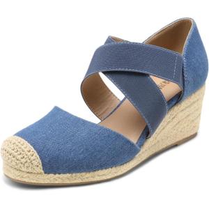 DREAM PAIRS Womens Close Toe Espadrilles Platform Slip on Elastic Criss Cross Straps Dressy Wedges Sandals(Denim Blue)