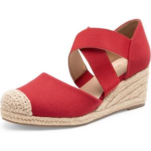 DREAM PAIRS Womens Close Toe Espadrilles Platform Slip on Elastic Criss Cross Straps Dressy Wedges Sandals(Red)