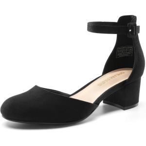 DREAM PAIRS Women’s Closed Round Toe Low Block Heels Ankle Strap Chunky Heel Pumps Dress Wedding Office Party Shoes(Black-suede)