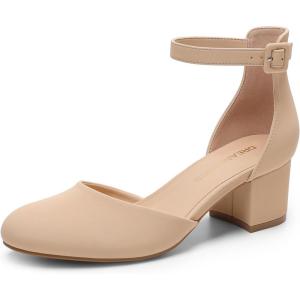 DREAM PAIRS Women’s Closed Round Toe Low Block Heels Ankle Strap Chunky Heel Pumps Dress Wedding Office Party Shoes(Nude)