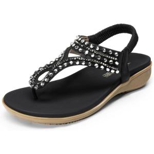 DREAM PAIRS Women’s Comfortable Dressy Flat Sandals Rhinestone Elastic T-Strap Thong Sandals for Summer Beach(Black)