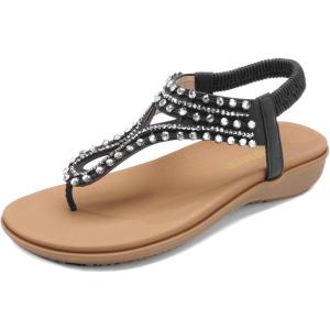 DREAM PAIRS Women’s Comfortable Dressy Flat Sandals Rhinestone Elastic T-Strap Thong Sandals for Summer Beach(Black/Brown-nubuck)