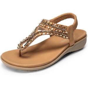 DREAM PAIRS Women’s Comfortable Dressy Flat Sandals Rhinestone Elastic T-Strap Thong Sandals for Summer Beach(Brown)