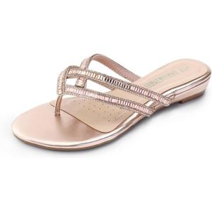 DREAM PAIRS Women’s Fashion Rhinestones Design Slides Sandals Dress Daily Flat Sandals for Summer(Champagne/Gold-pu)