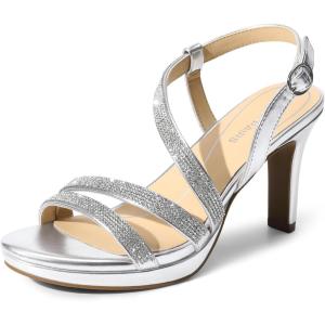 DREAM PAIRS Women’s Platform Strappy Heels High Heeled Sandals Open Toe Comfortable Dressy Shoes with Adjustable Ankle Strap(Silver Sparkling)