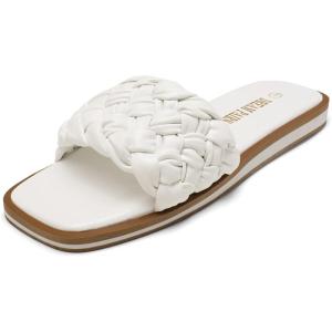 DREAM PAIRS Women’s Square Open Toe Slide Sandals Cute Slip on Braided Slides Flat Sandals for Summer(White/Weave)