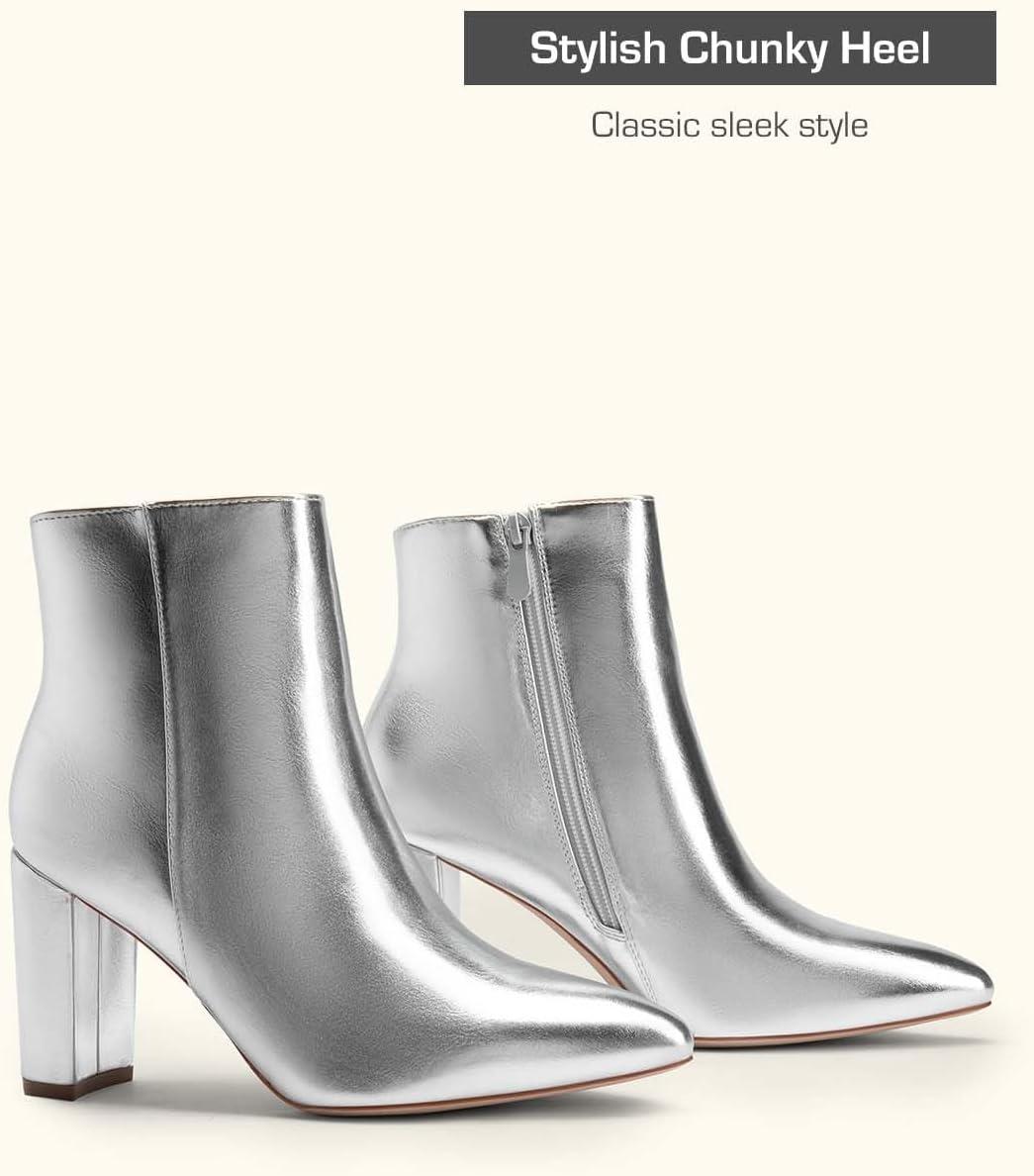 imageDREAM PAIRS Womens Chunky Heel Ankle Booties Pointed Toe Short BootsSilverpu