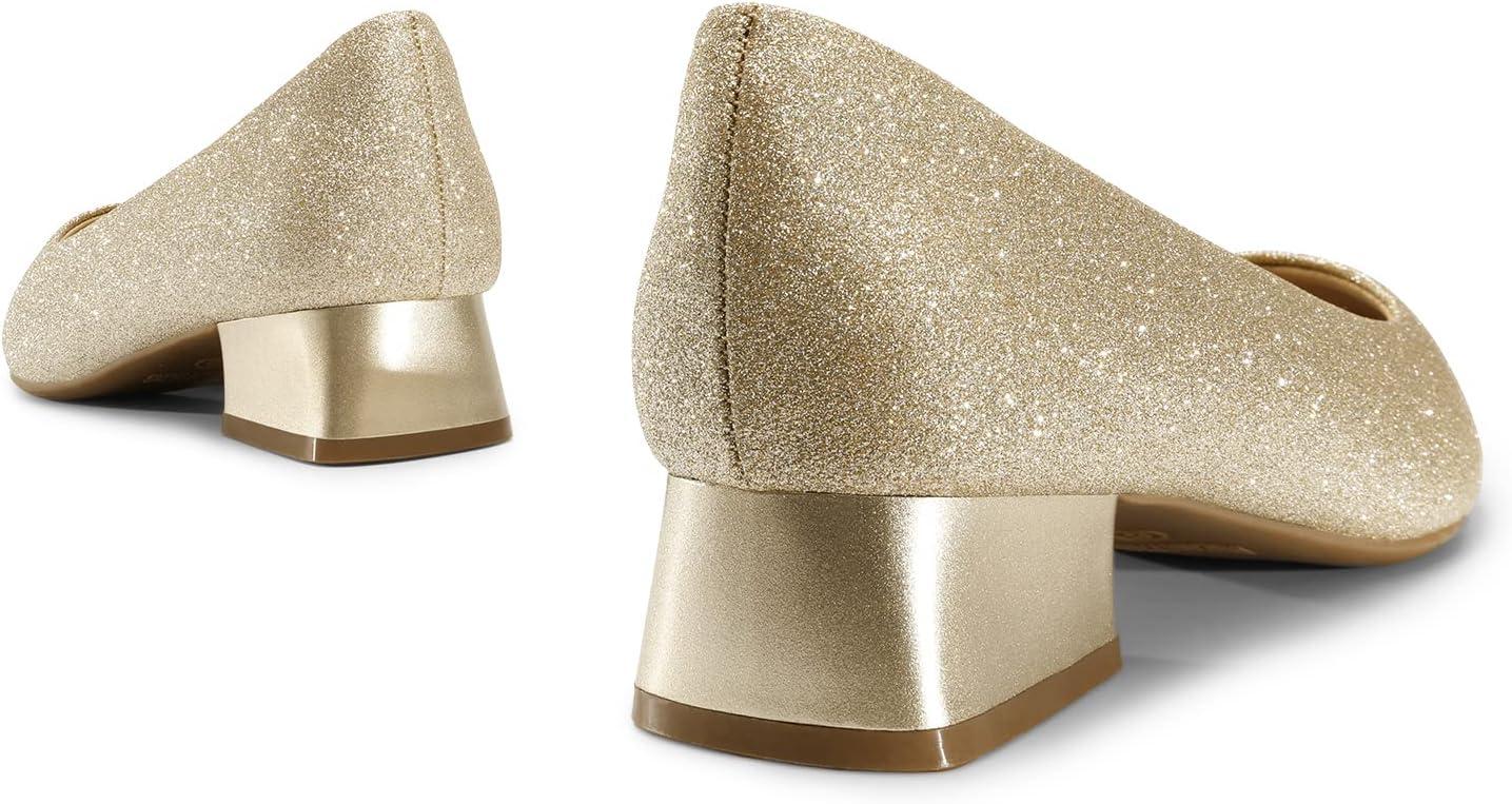 imageDREAM PAIRS Womens Chunky Heels Closed Toe Low Block Work Shoes Pointed Toe Dress Comfortable Wedding PumpsGoldglitter