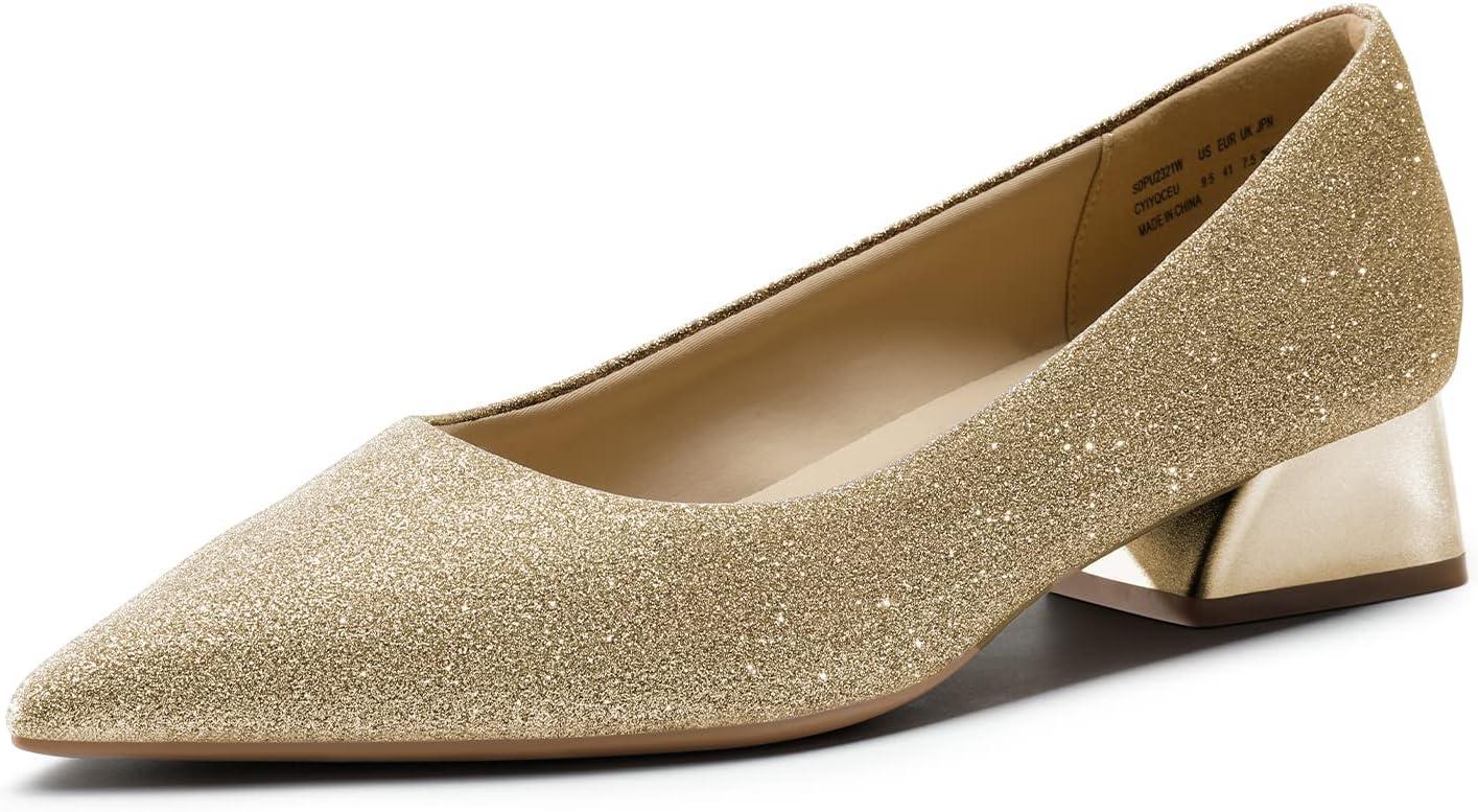 imageDREAM PAIRS Womens Chunky Heels Closed Toe Low Block Work Shoes Pointed Toe Dress Comfortable Wedding PumpsGoldglitter