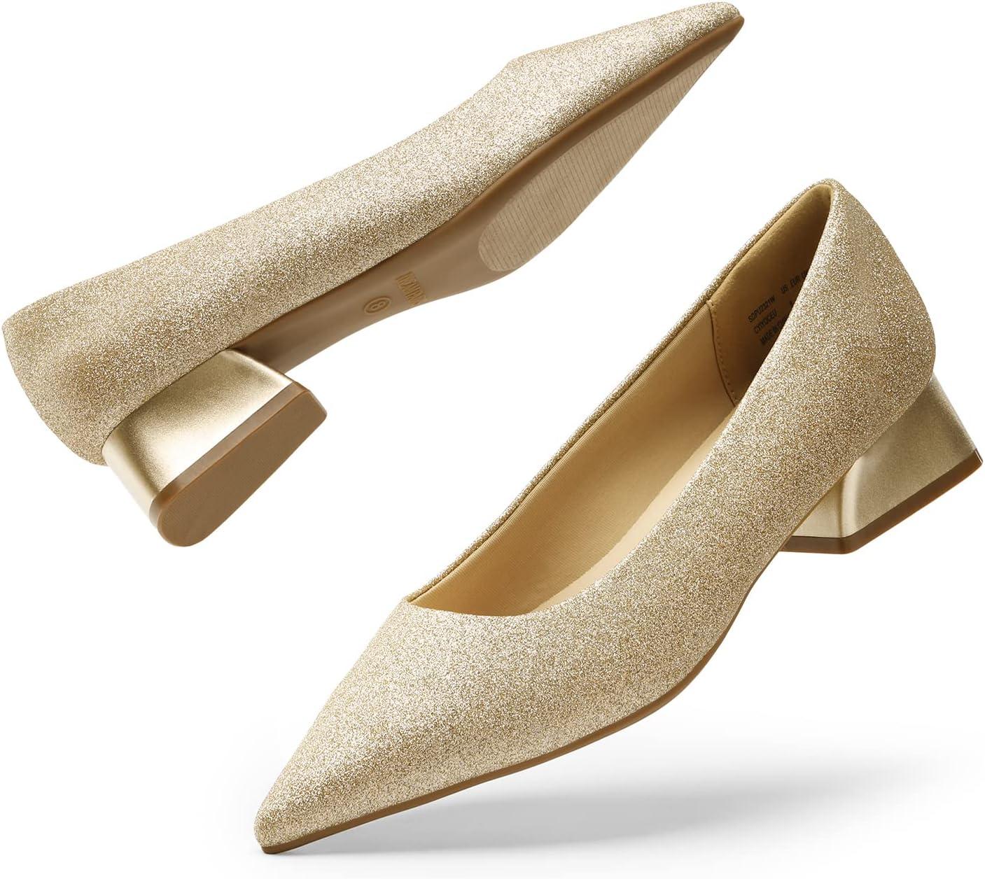 imageDREAM PAIRS Womens Chunky Heels Closed Toe Low Block Work Shoes Pointed Toe Dress Comfortable Wedding PumpsGoldglitter