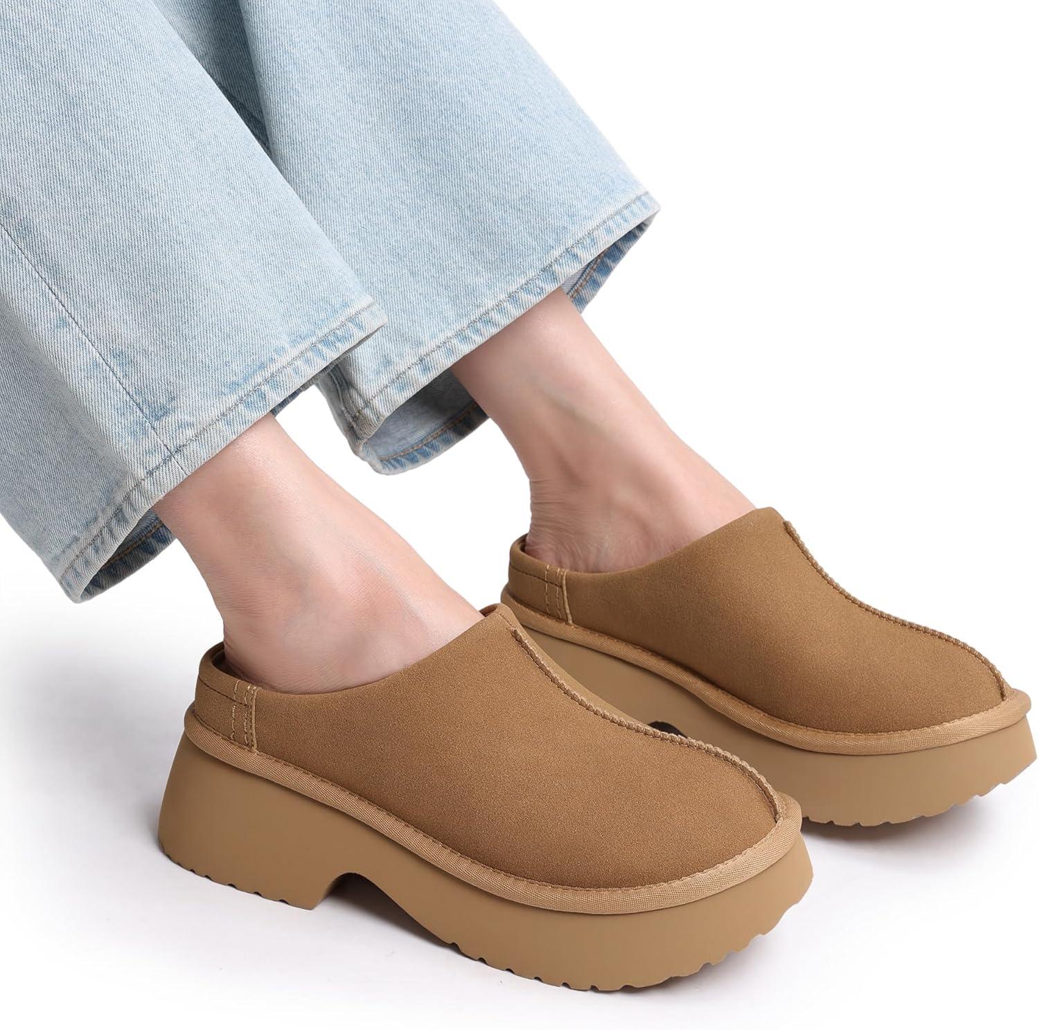 imageDREAM PAIRS Womens Platform Mules Faux Suede Slip on Memory Foam NonSlip Lightweight Closed Toe Clogs Slippers ShoesChestnut