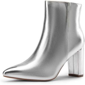 DREAM PAIRS Women’s Chunky Heel Ankle Booties Pointed Toe Short Boots(Silver-pu)