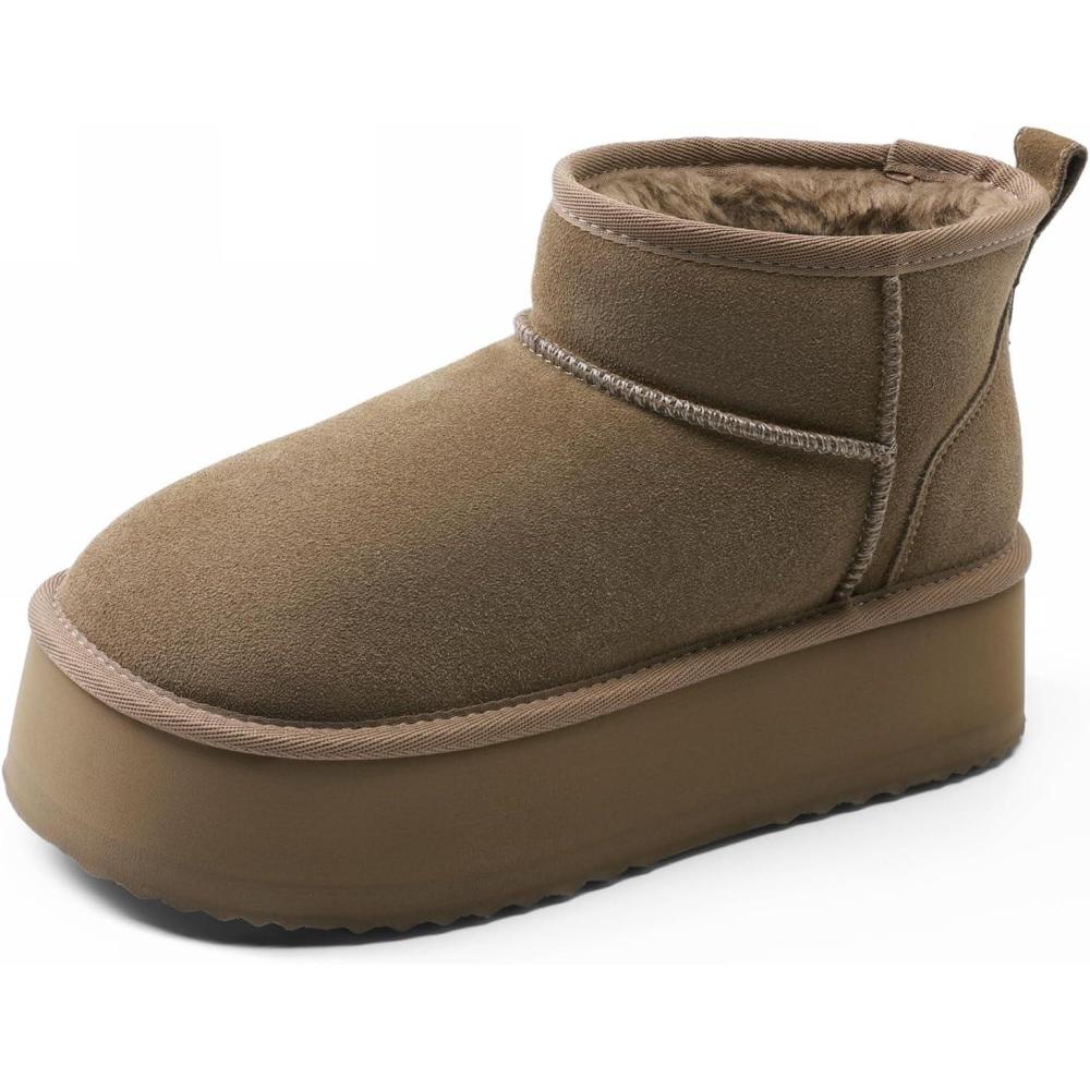 imageDREAM PAIRS Platform Winter Boots for Women Genuine Suede Wide Toe Water Slip Resistant Ankle Mini Snow Boots Lined Fur with Lightweigt Memory Foam Insole OutdoorTaupe
