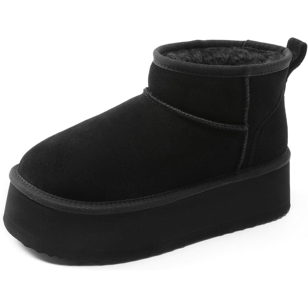 imageDREAM PAIRS Platform Winter Boots for Women Genuine Suede Wide Toe Water Slip Resistant Ankle Mini Snow Boots Lined Fur with Lightweigt Memory Foam Insole OutdoorBlack