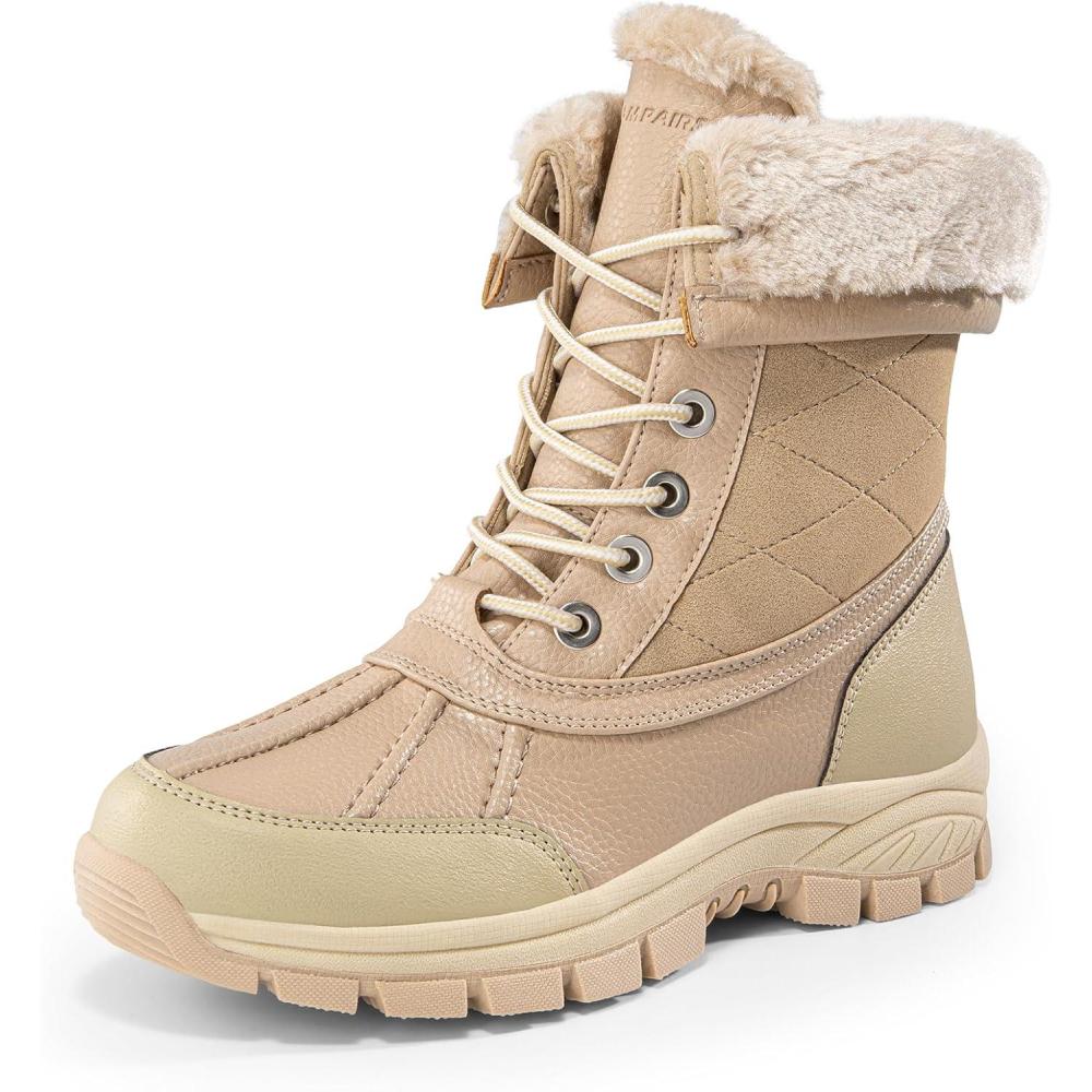 imageDREAM PAIRS Snow Boots for Women Waterproof Mid Calf Lace Up Duck Boots Warm Faux Fur FuzzyGo Bold Winter Boots for OutdoorNude