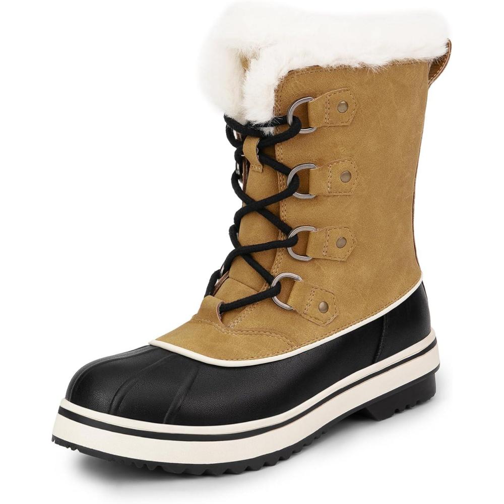 imageDREAM PAIRS Womens Snow Winter Boots Mid Calf Waterproof Warm Faux Fur Lined Lace Up Antislip Outdoor Duck BootsChestnutBlack