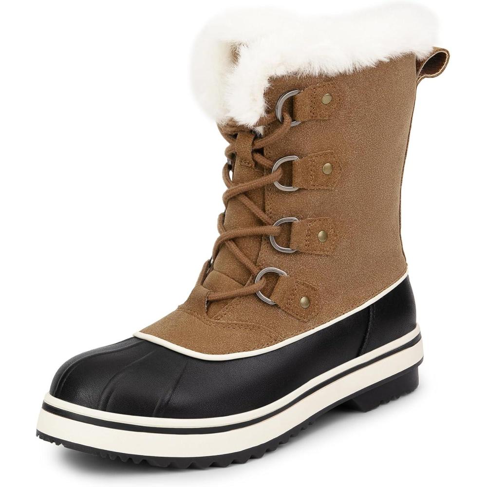 imageDREAM PAIRS Womens Snow Winter Boots Mid Calf Waterproof Warm Faux Fur Lined Lace Up Antislip Outdoor Duck BootsTan